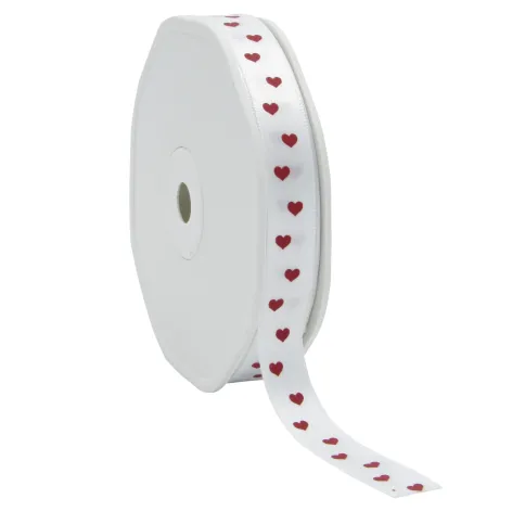 25m reel.webp Sweetheart Satin Ribbon; Red hearts on White